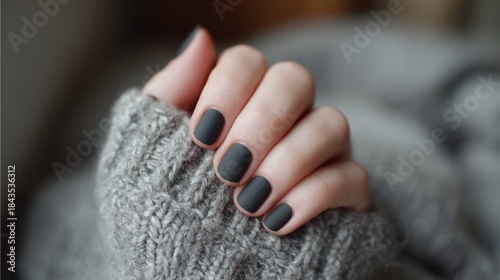 Close-up of a person's hand resting on a gray knitted sweater. the hand is positioned in a way that the fingers are slightly curled and the nails are painted with a dark grey polish.