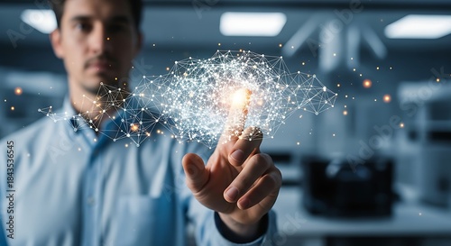 man interacting with a digital network of glowing connections, representing artificial intelligence and data flow