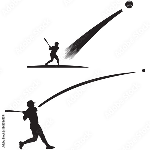 Baseball Batter Hitting Ball with Dynamic Swing Silhouette and Motion Trail Illustration
