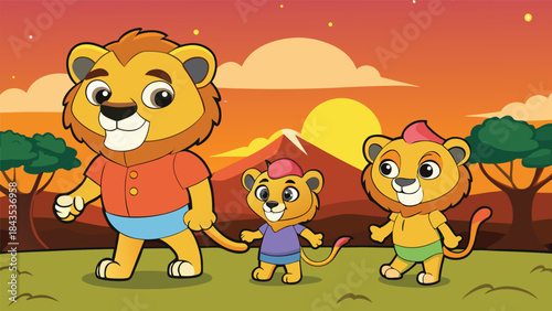 Wild Lion Family Silhouette Against Sunset Sky Nature Vector Design