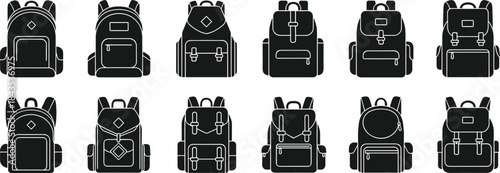 Backpack vector icon collection featuring school bags, travel packs, hiking backpacks, zipper pockets, straps, modern designs, minimalist outlines, and accessory silhouettes