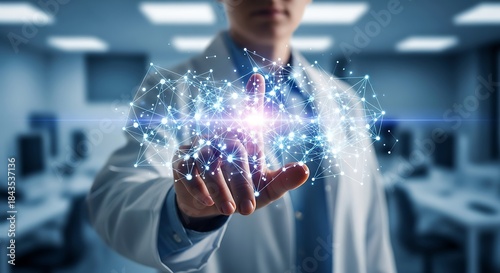 Medical expert interacts with glowing data network, symbolizing scientific innovation, digital transformation, and future advancements in healthcare technology and research