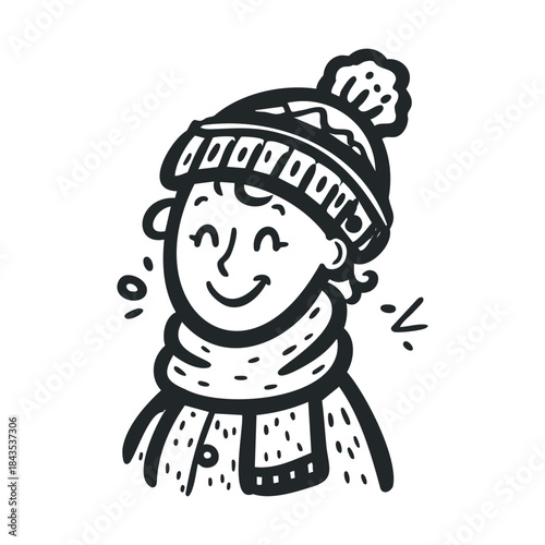 Happy young person wearing winter clothes and a knitted hat with a fluffy pompom smiling warmly, perfect for seasonal greetings, holiday promotions, and cold weather themes