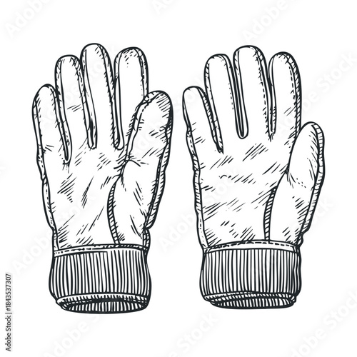 Versatile black and white sketch of work gloves, perfect for industrial safety brochures, winter clothing advertisements, or gardening tool product packaging.
