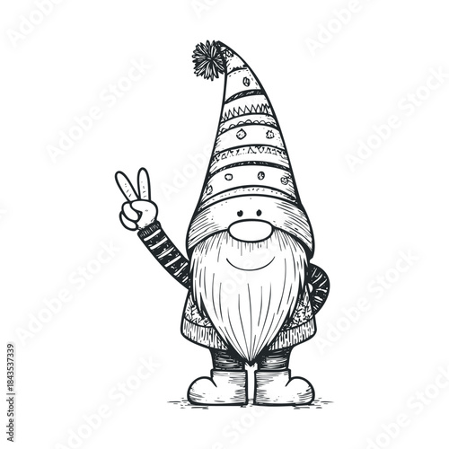 Cheerful festive gnome holding up a peace sign with a happy expression wearing a tall striped hat and knitted sweater perfect for seasonal greetings winter promotions or decorative purposes