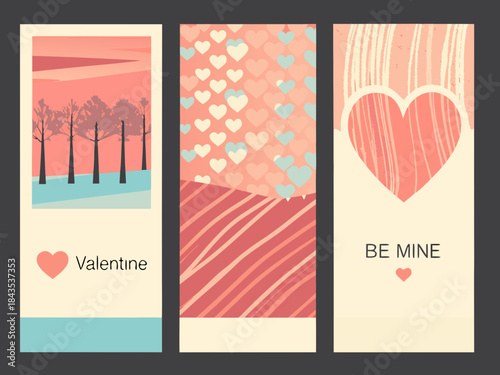 Three vertical banners with romantic designs and valentine s day themes