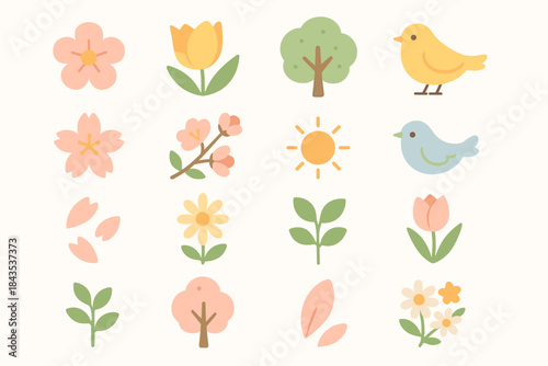 A set of 16 flat vector icons on the theme of spring and the awakening of nature in a delicate pastel color scheme (pink, yellow, green, and blue tones). 