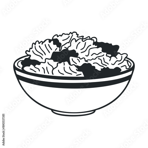 Simple black and white line drawing of a bowl filled with fresh salad greens, ideal for illustrating healthy recipes, dietary guidelines, or a fresh food menu item in culinary publications.