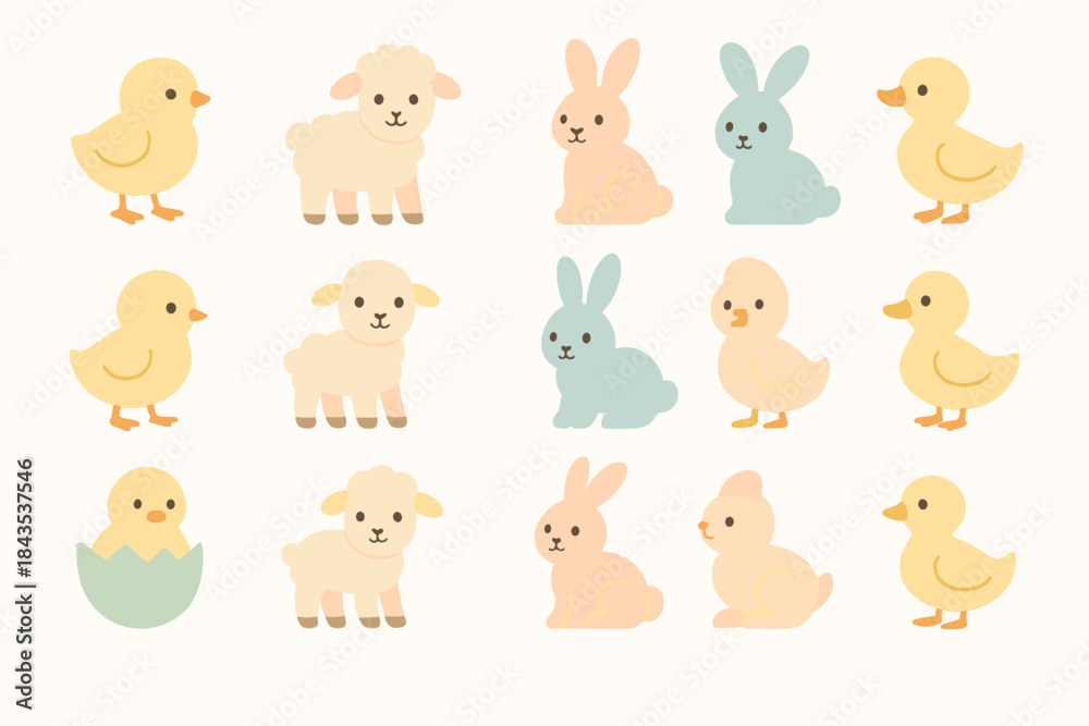 Fototapeta premium Cute illustrations of young animals: chicks, lambs, bunnies, and ducklings in pastel colors.