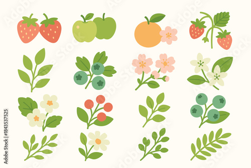 A set of 16 cute flat vector icons featuring berries, fruits, flowers, and leaves in a delicate pastel color scheme. The style is very cute and simple, perfect for spring or summer.