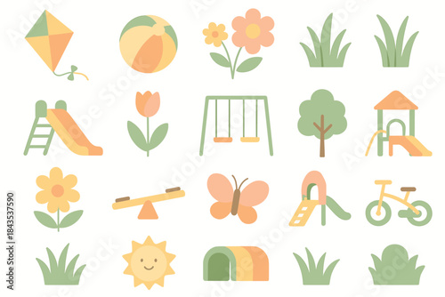 A set of cute stylized icons in pastel colors on the theme of playgrounds, summer vacations in nature, and outdoor games.