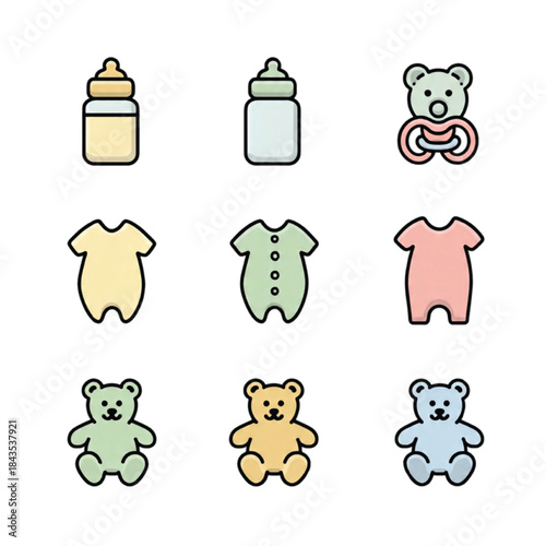 Baby and Nursery Icons Featuring Toys, Milk Bottles and Cute Shapes