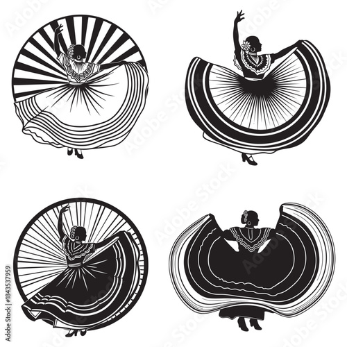 Mexican Folk Dancer Silhouettes with Flowing Skirts for Cultural Festival and Traditional Dance Art