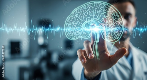 Doctor Interacting with Futuristic Holographic Brain Scan, Medical Technology and Neuroscience Concept