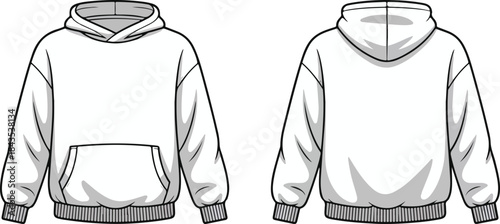 White hoodie vector mockup template, front and back views, blank apparel for customization.