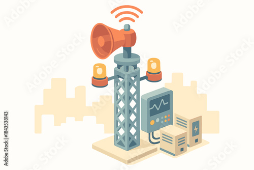 Isometric mobile network tower with alert system and signal waves in urban setting
