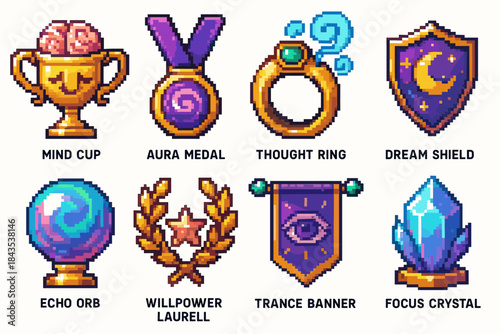Pixel art fantasy icons: mind cup, aura medal, thought ring, dream shield, echo orb, willpower laurell, trance banner, focus crystal