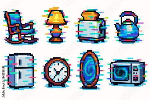 Colorful glitched pixel art objects: retro electronics and household items