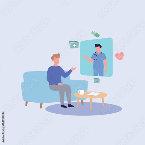 Man Consulting Doctor via Video Call, Online Medical Consultation and Digital Healthcare Flat Illustration