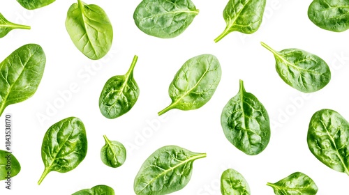 Fresh green spinach leaves scattered on a white background
