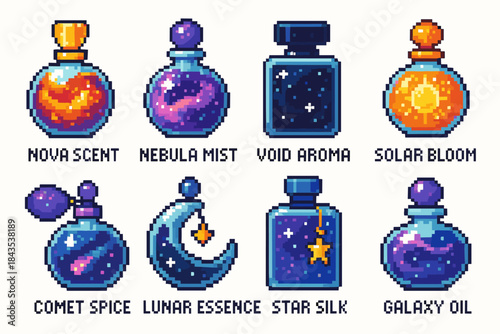 Pixel art potion bottles with cosmic themed designs and vibrant colors