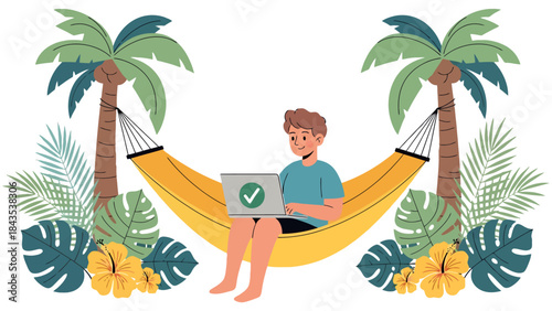 Young man working on laptop in a yellow hammock between palm trees, isolated