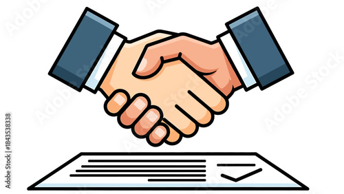 Cartoon illustration of two business hands shaking over a signed contract
