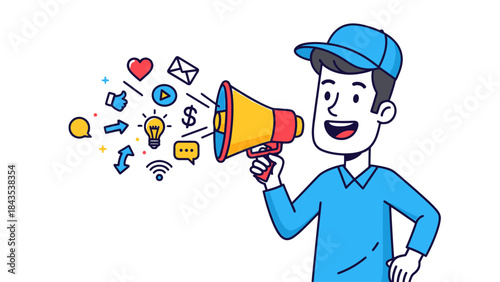 Cartoon man with megaphone broadcasting ideas and social media icons, isolated