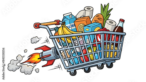 Rocket-powered shopping cart filled with groceries, speedy delivery concept,