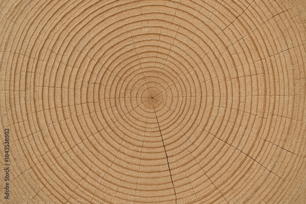 Fototapeta premium Close-up of tree trunk cross-section with detailed annual growth rings pattern in concentric circles on a natural wood background texture surface. Ai generative