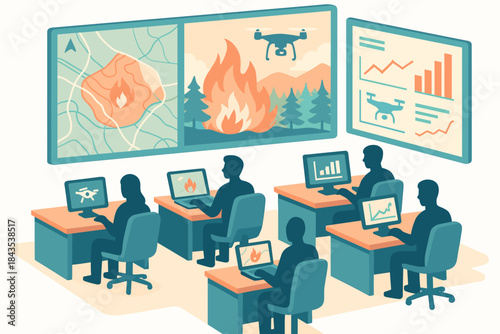Monitoring room with operators analyzing forest fire data using drones and digital technology