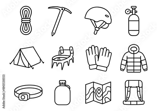 Outdoor adventure gear: rope, ice axe, helmet, tent, gloves, jacket, backpack, map