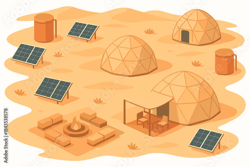 Isometric eco-friendly desert camp with geodesic domes and solar panels