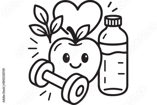 Healthy lifestyle elements with apple dumbbell and bottle on transparent background silhouette