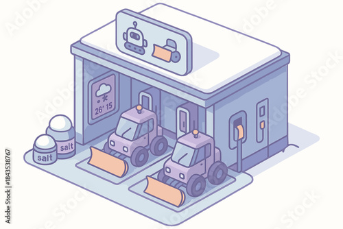 Isometric snow removal facility with robot snowplows and weather display