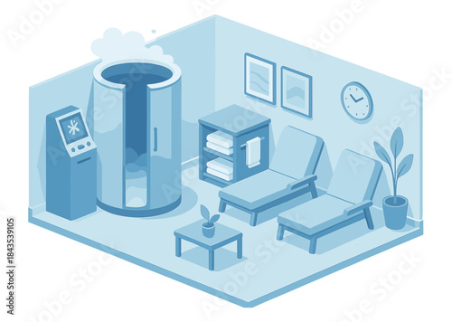 Modern cryotherapy room with equipment and comfortable relaxation area
