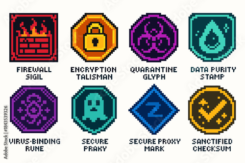 Pixel art cybersecurity badges: firewall, encryption, quarantine, data, virus, proxy, checksum