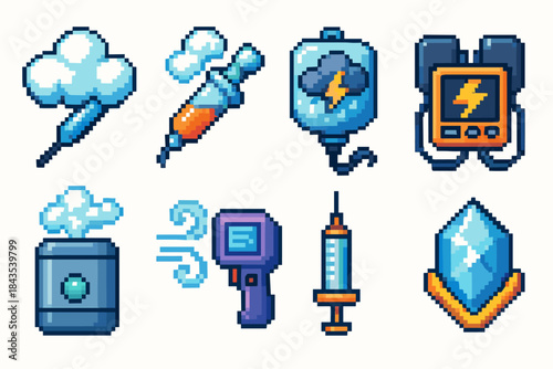 Pixel art medical icons: syringe, defibrillator, inhaler, crystal