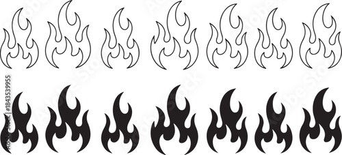 Twelve flame vector icons arranged in two rows on a dark background for fire related concepts