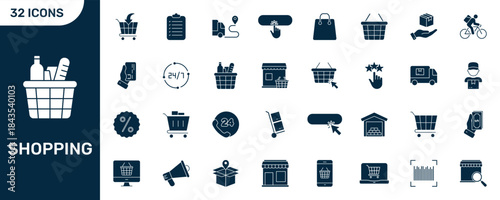 Shopping And E-Commerce Icon Set. Retail, Delivery, And Online Shopping Silhouette Symbol Collection. Includes Cart, Basket, Delivery, And Payment Icons. Isolated Vector Illustration
