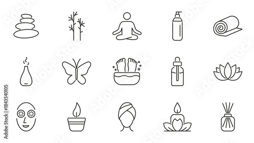 Spa And Wellness Line Icon Set. Relaxation, Meditation, And Self-Care Outline Symbol Collection. Zen Stones, Aromatherapy, Yoga, Beauty Treatment. Editable Stroke. Isolated Vector Illustration