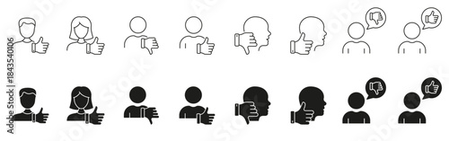 Thumbs Up And Down Gesture Line And Solid Icon Set. Approval And Disapproval Feedback Symbol Collection. Communication And Opinion Expression. Isolated Vector Illustration