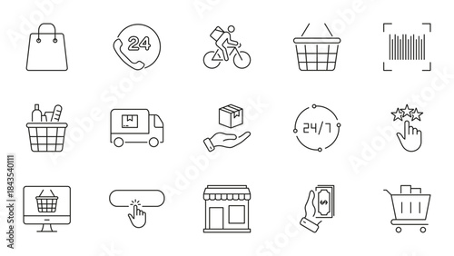 E-Commerce And Retail Shopping Line Icon Set. Online Shopping, Delivery, Customer Service Outline Symbol Collection. Shopping. Editable Stroke. Isolated Vector Illustration