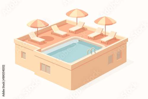 Isometric rooftop terrace with pool and sun loungers in soft pastel colors