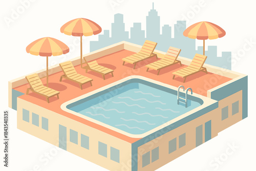 Rooftop pool with sun loungers and umbrellas overlooking city skyline