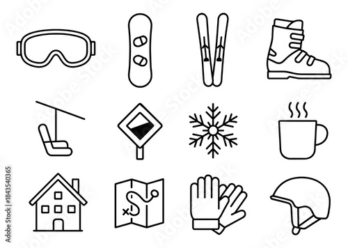 Winter sports icons: goggles, snowboard, skis, boots, helmet, map, hot drink, gloves