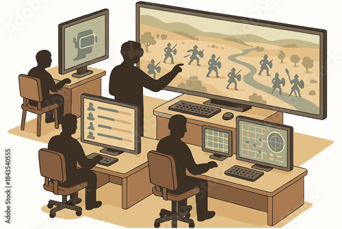 Team of analysts collaborate on military strategy using advanced computer systems
