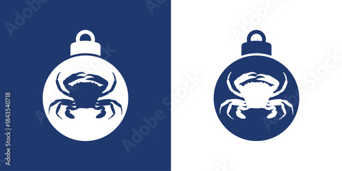 Logo nautical. Silueta de bola de navidad con cangrejo para tarjetas y felicitaciones de Navidad	
