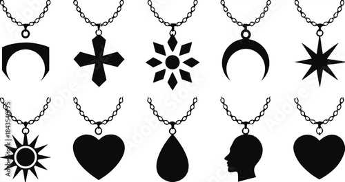 Collection of black necklace pendant shapes and chains minimalist black and white