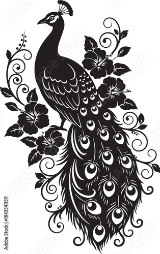 Bird Silhouettes Peacock Floral Decoration Vector With Ornamental Tail And Feather Design
